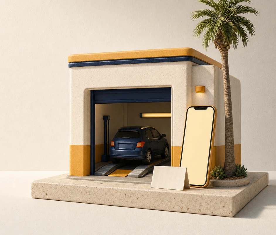 Illustration of a small Southern California auto bay, a phone and a palm tree